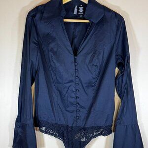#18 Women's Bisou Bisou Button-Front Bodysuit Blouse, Black, Size Large